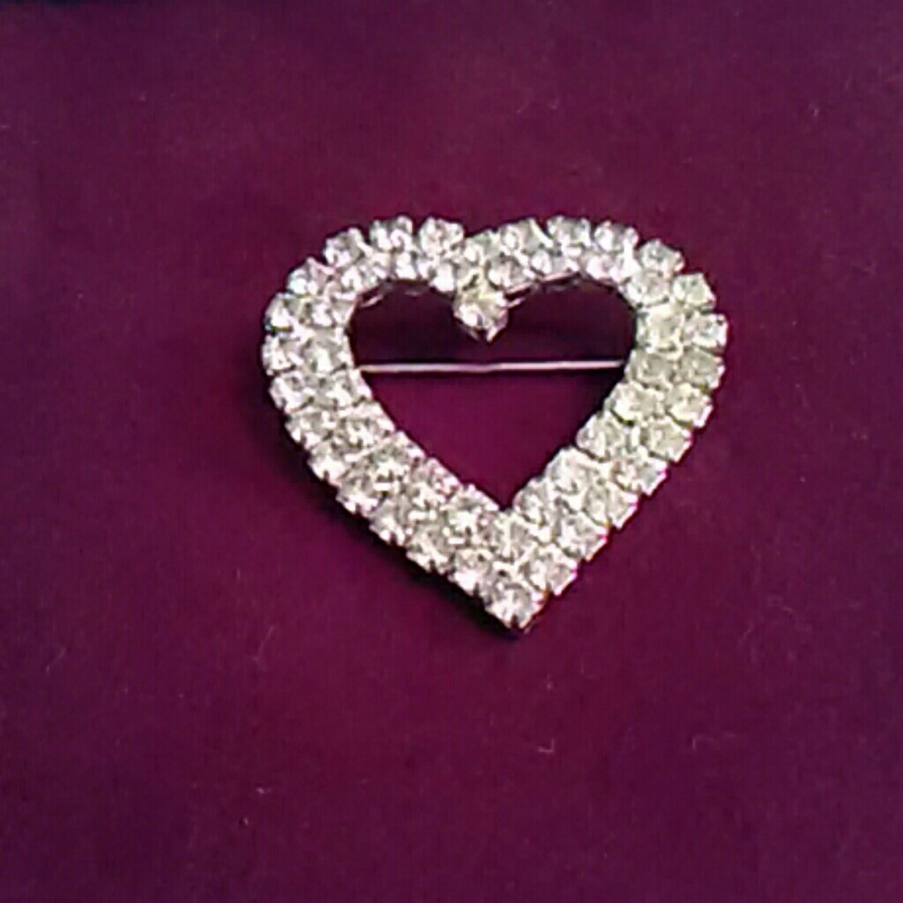 Heart-shaped brooch, rhinestones with silver back